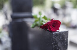Rose on tombstone. Red rose on grave. Love - loss. Flower on memorial stone close up. Tragedy and sorrow for the loss of a loved one. Memory. Gravestone with withered rose