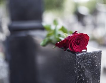 Rose on tombstone. Red rose on grave. Love - loss. Flower on memorial stone close up. Tragedy and sorrow for the loss of a loved one. Memory. Gravestone with withered rose