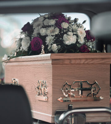 Beautiful flower arrangement used in a bouquet display for a funeral on a coffin in a hearse