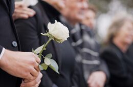 Hands, rose and a person at a funeral in a cemetery in grief while mourning loss at a memorial service. Death, flower and an adult in a suit at a graveyard in a crowd for an outdoor burial closeup